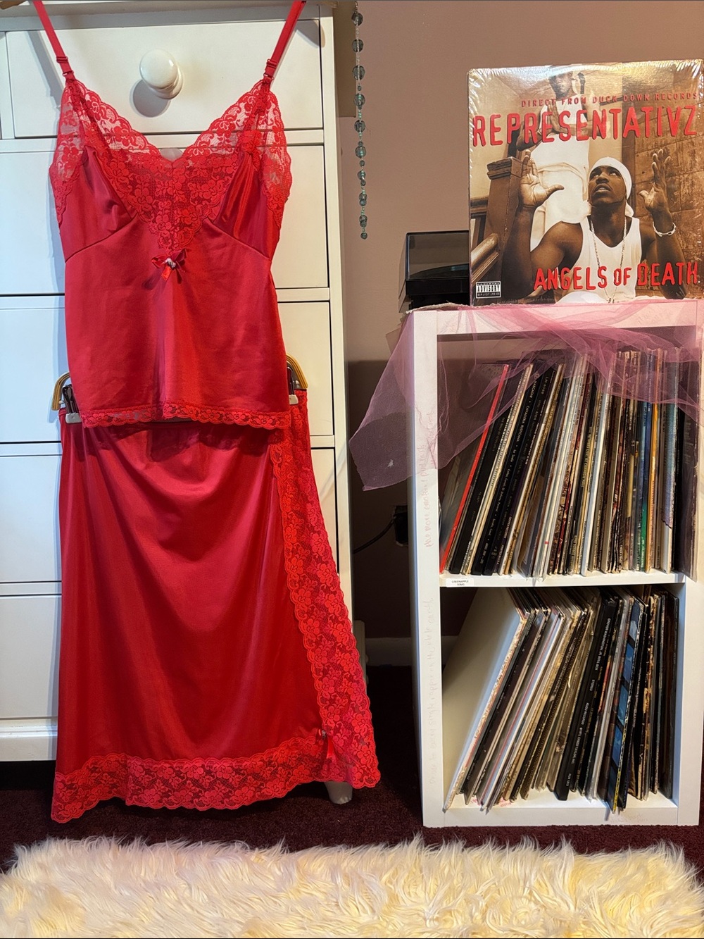 True Vintage 70’s Red Satin Lace Camisole Skirt Slip Set Matching Coordinating S